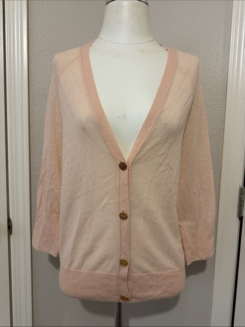 Tory Burch Cashmere Light Pink V-Neck Button Front Cardigan 3/4 Sleeves